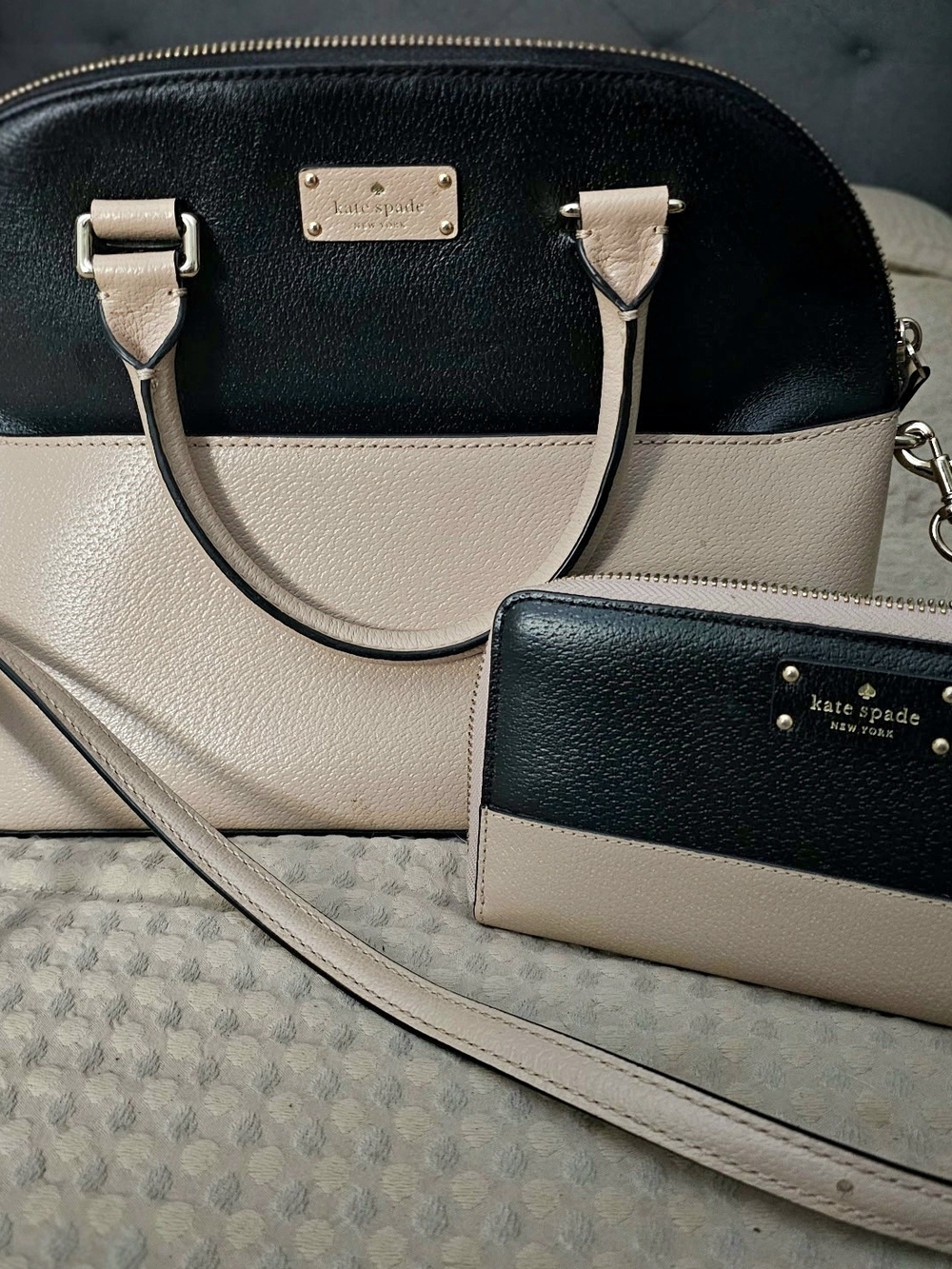 kate spade Two-Tone Black and Cream Dome Satchel with Zip Wallet